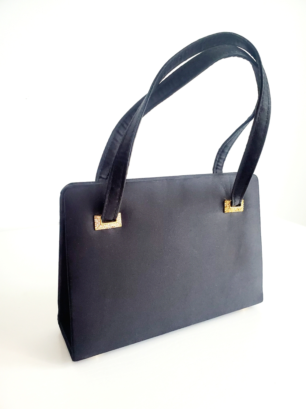 Black Satin Shoulder Bag with Gold Accents- 90s